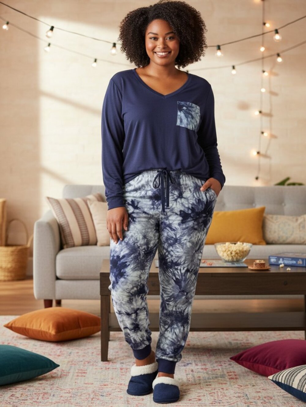 Natural Nga 2Pc Pajama Set Women XL Navy Blue Excellent Tie Dye